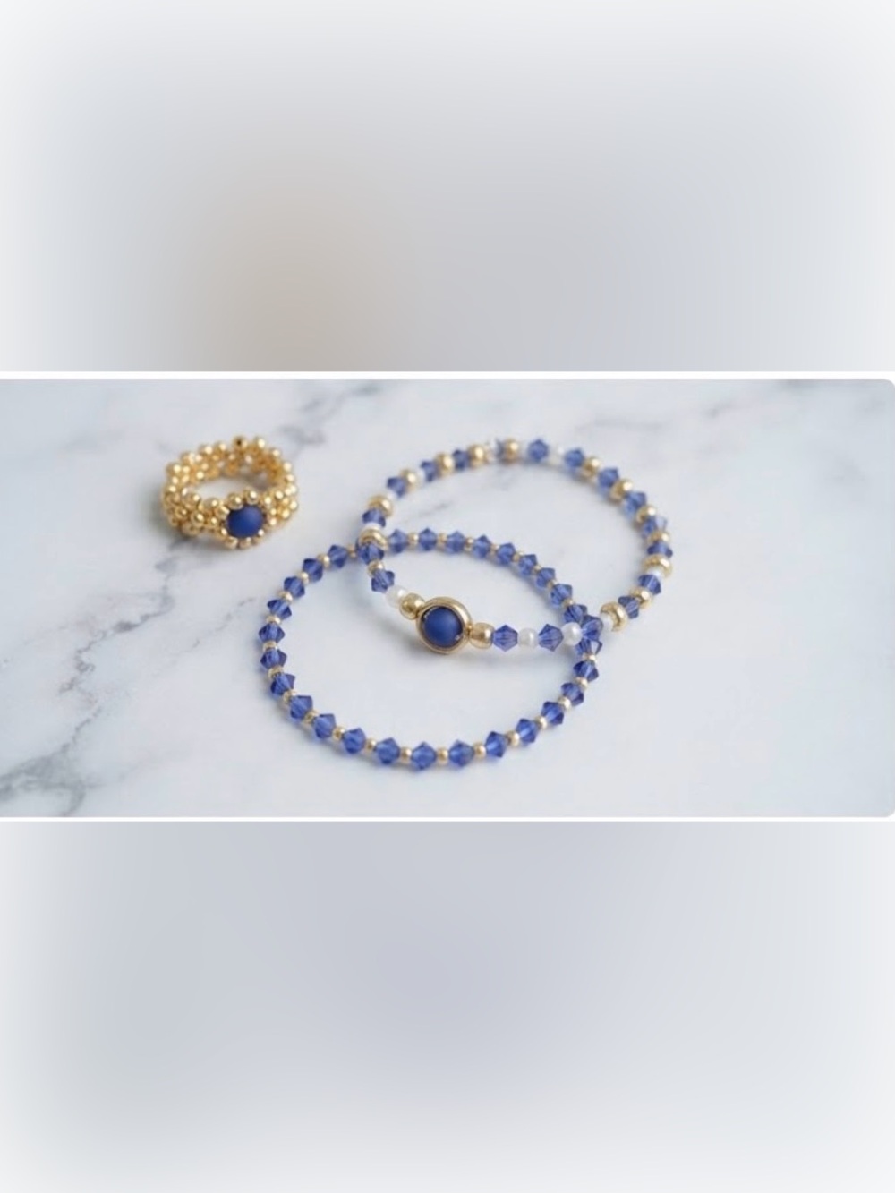 Gold & Blue Beaded Bracelet and Ring Set Handmade - Elegant Women's Jewelry